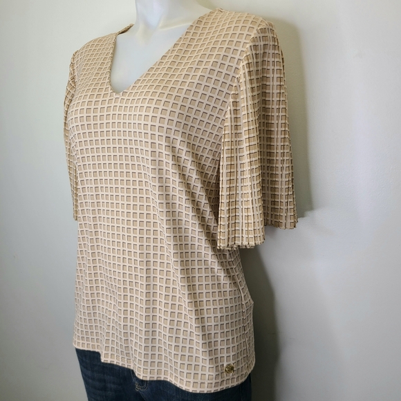 Calvin Klein Beige Checkered Square Print Accordion Pleated Sleeve Top Medium - Picture 4 of 12